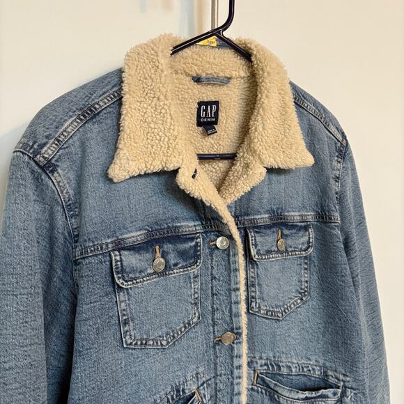 Gap Denim Sherpa Jean Jacket Light Wash Lined Ranch Heavy Coat Barn XL - Picture 2 of 10